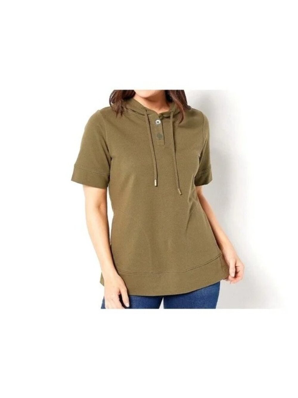 Joan Rivers French Terry Short Sleeve Hoodie Size XS Dark Olive Cotton Blend NEW
